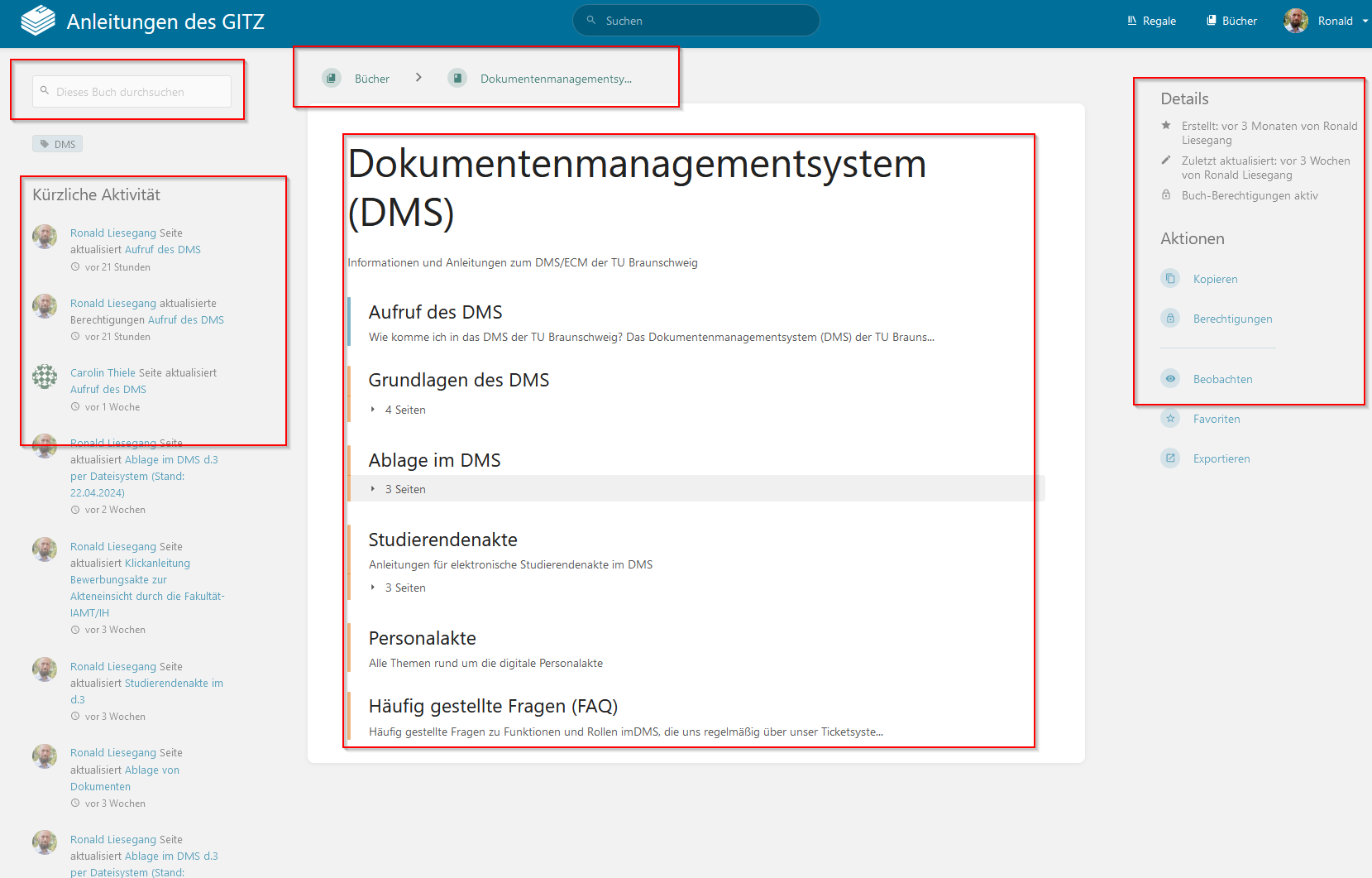 Screenshot des geöffneten Buches in Bookstack