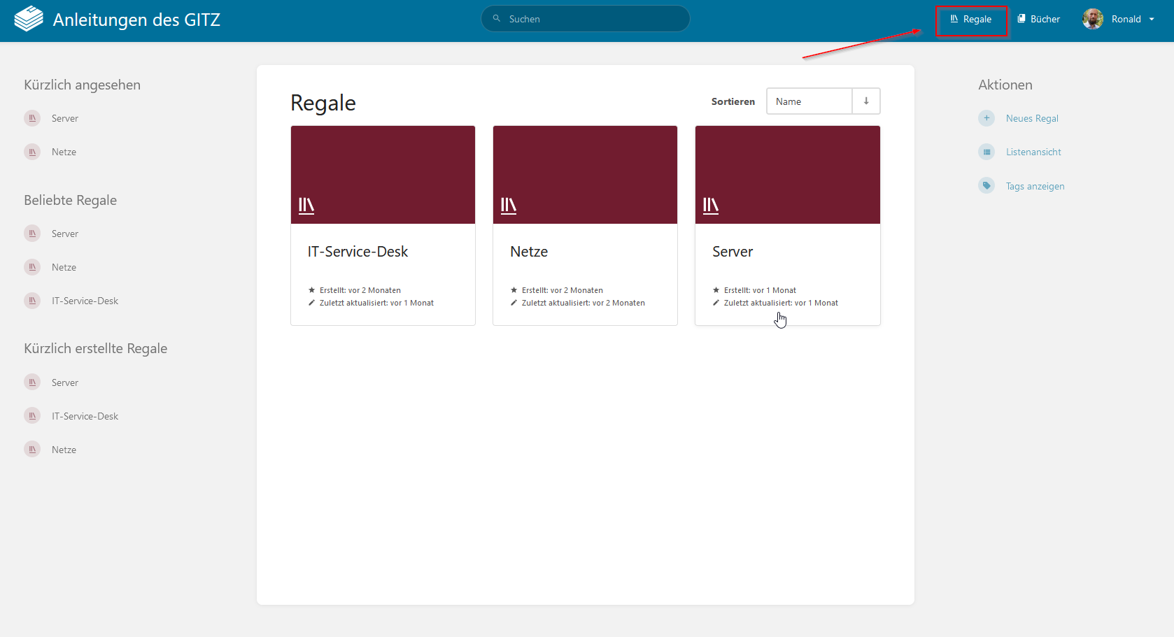 Screenshot der Regale auf der Website
